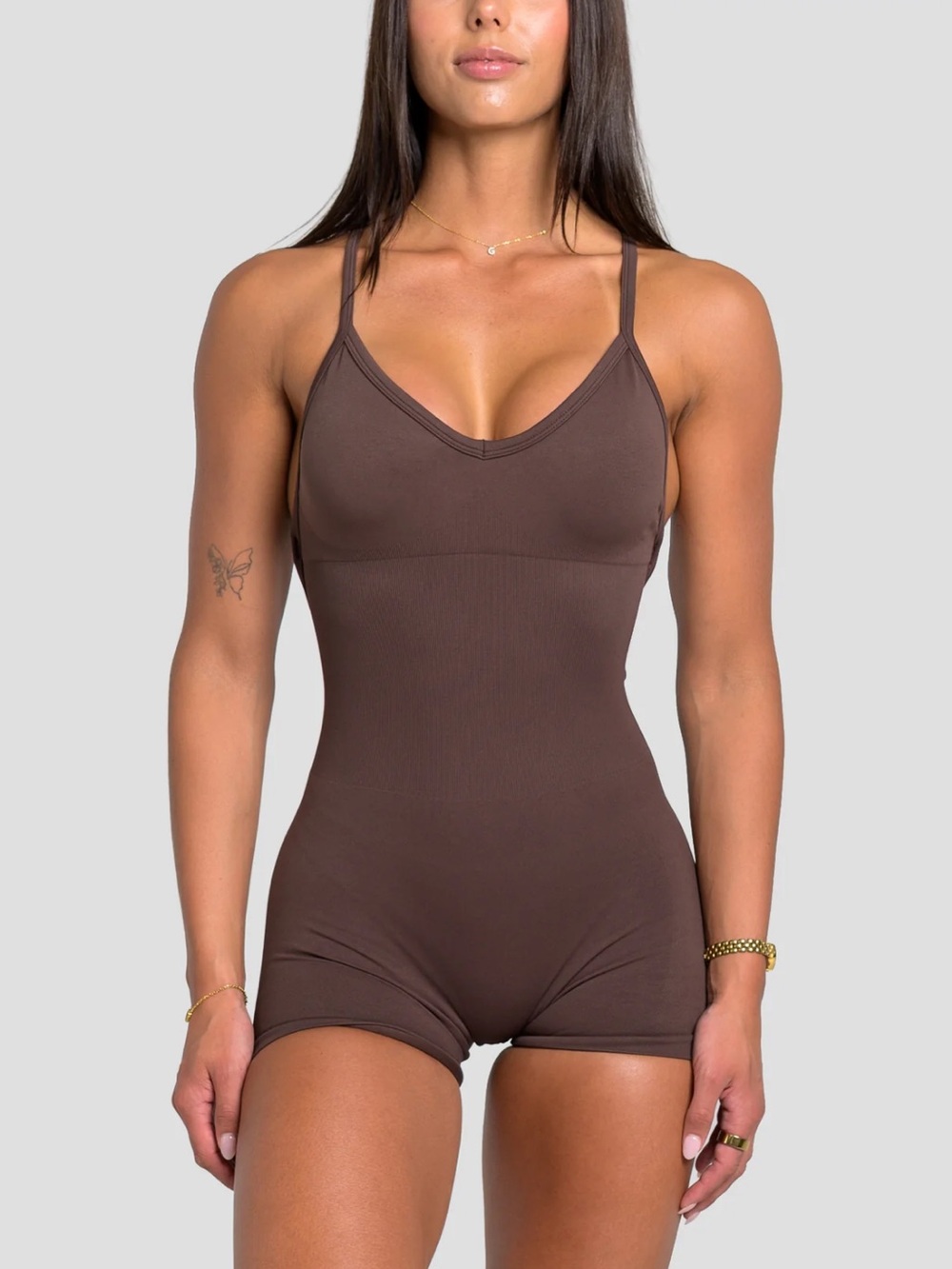 Brown Strappy Shaping Romper with V-Neck
